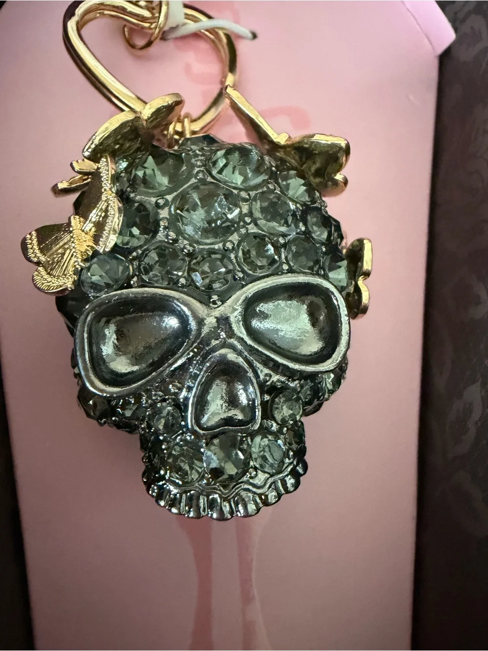 Betsey Johnson Black Crystal Skull Keyring with Gold Butterfly Accents